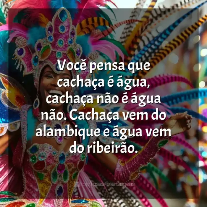 Marchinhas de Carnaval Frases: Você pensa que cachaça é água, cachaça não é água não. Cachaça vem do alambique e água vem do ribeirão.